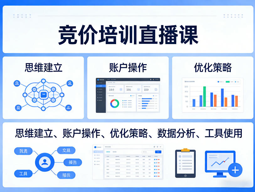 竞价培训直播课,覆盖思维建立、账户操作、优化策略、数据分析、工具使用等,全方位提升效果-然百捷网络科技