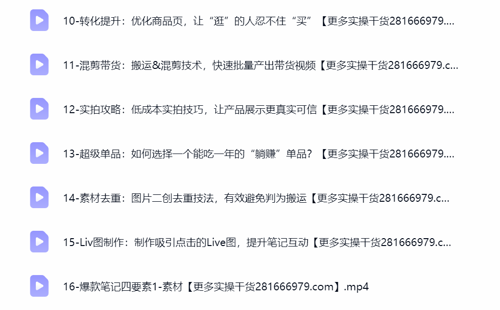 小红书电商掘金课课程目录截图,0 基础开店出单网赚教程